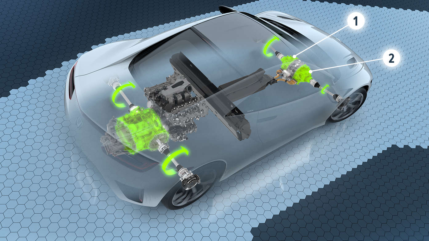 Illustration de la Honda NSX montrant comment les unités à moteurs jumelés situées à l'avant ajustent la vitesse pour la prise de virage à gauche et à droite.