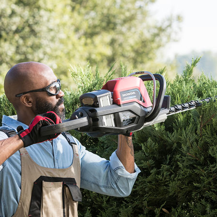 Model trimming hedge with Honda cordless hedge trimmer in garden location.