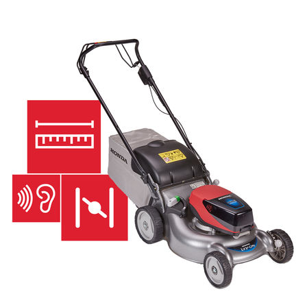 Honda cordless izy-ON mower with specifications illustration.