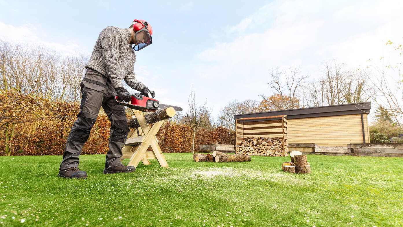 Une tronçonneuse à batterie HONDA dans un jardin.