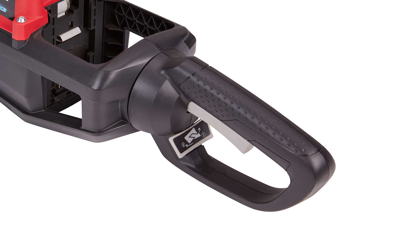 Close up of the rotating rear handle on Honda cordless hedge trimmer.