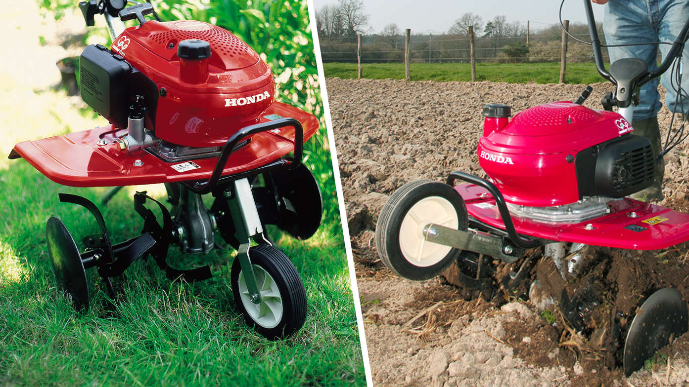 Gauche : motobineuse, dans un jardin. Droite : motobineuse, en fonctionnement dans un jardin.