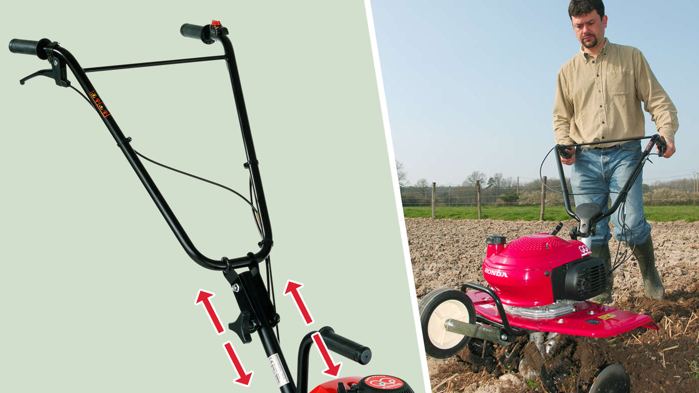 Gauche : motobineuse mettant en évidence le guidon réglable en hauteur. Droite : motobineuse en fonctionnement dans un jardin.