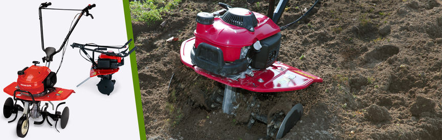 Gauche : 2 motobineuses Honda Droite : motobineuse, en fonctionnement dans un jardin.