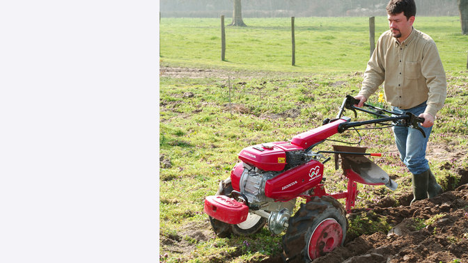 Motoculteur transformable avec, en option, une charrue, utilisée par un démonstrateur dans un jardin.