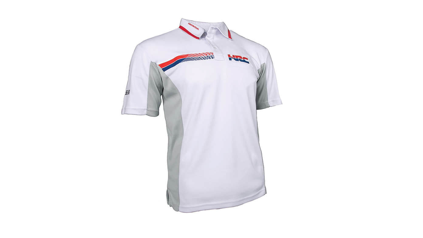 Polo de course HRC blanc arborant le logo Honda Racing Corporation.