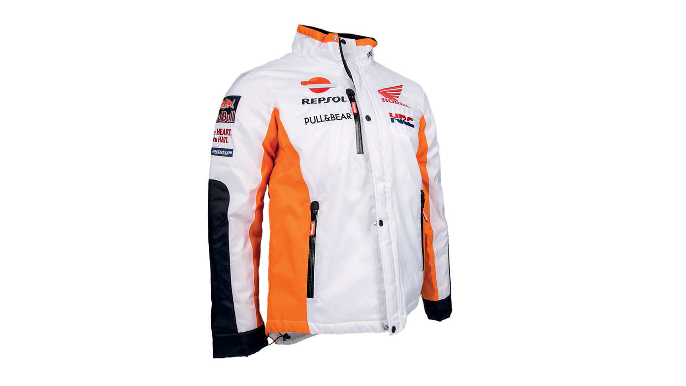 Veste blanche Honda Winter aux couleurs de l’équipe MotoGP et logo Repsol.