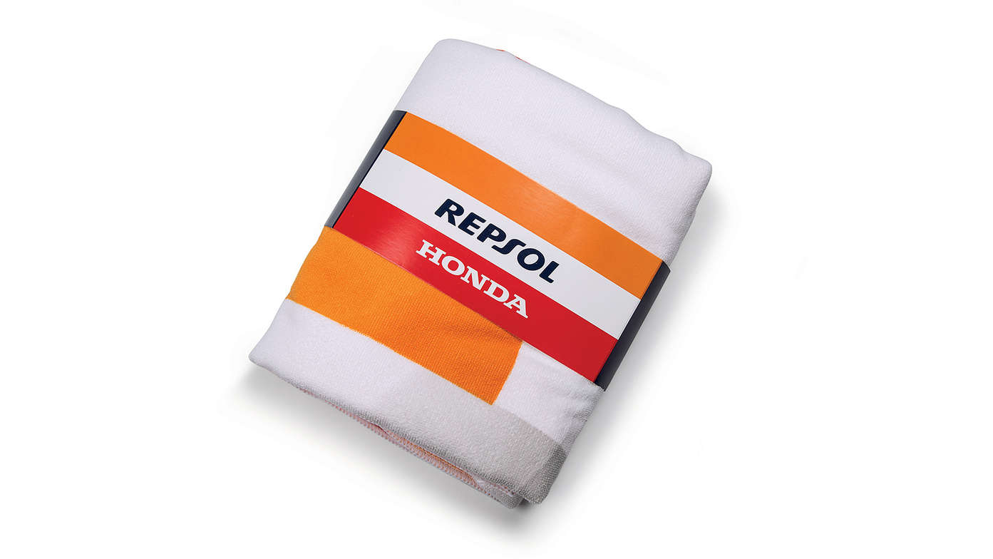 Serviette de plage Honda Repsol aux couleurs de Honda MotoGP et logo Repsol.