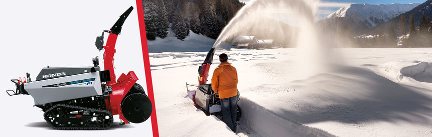 Gauche : vue de trois quarts avant gauche de la fraise à neige à injection. Droite : fraise à neige à injection, utilisée par un démonstrateur, en montagne.