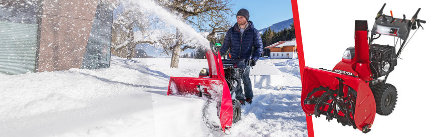 Gauche : fraise à neige Série 9 utilisée par un démonstrateur, dans un jardin. Droite : fraise à neige Série 9, frontale trois quart, latérale gauche